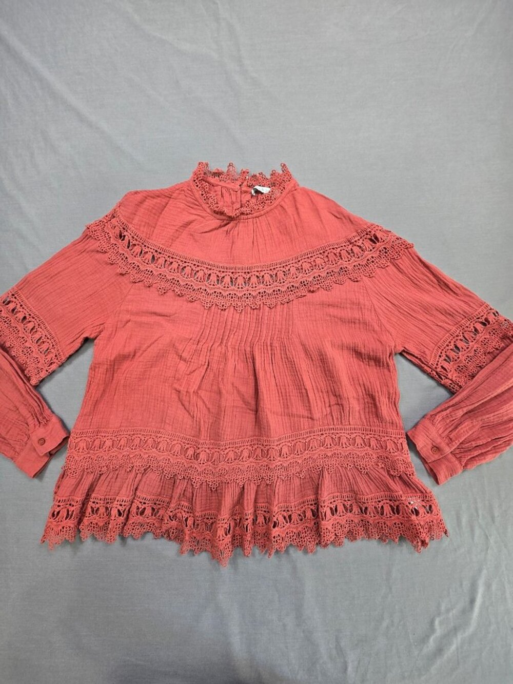 Medium Lace Boho Blouse Rust Red Cotton Long Sleeve High Neck